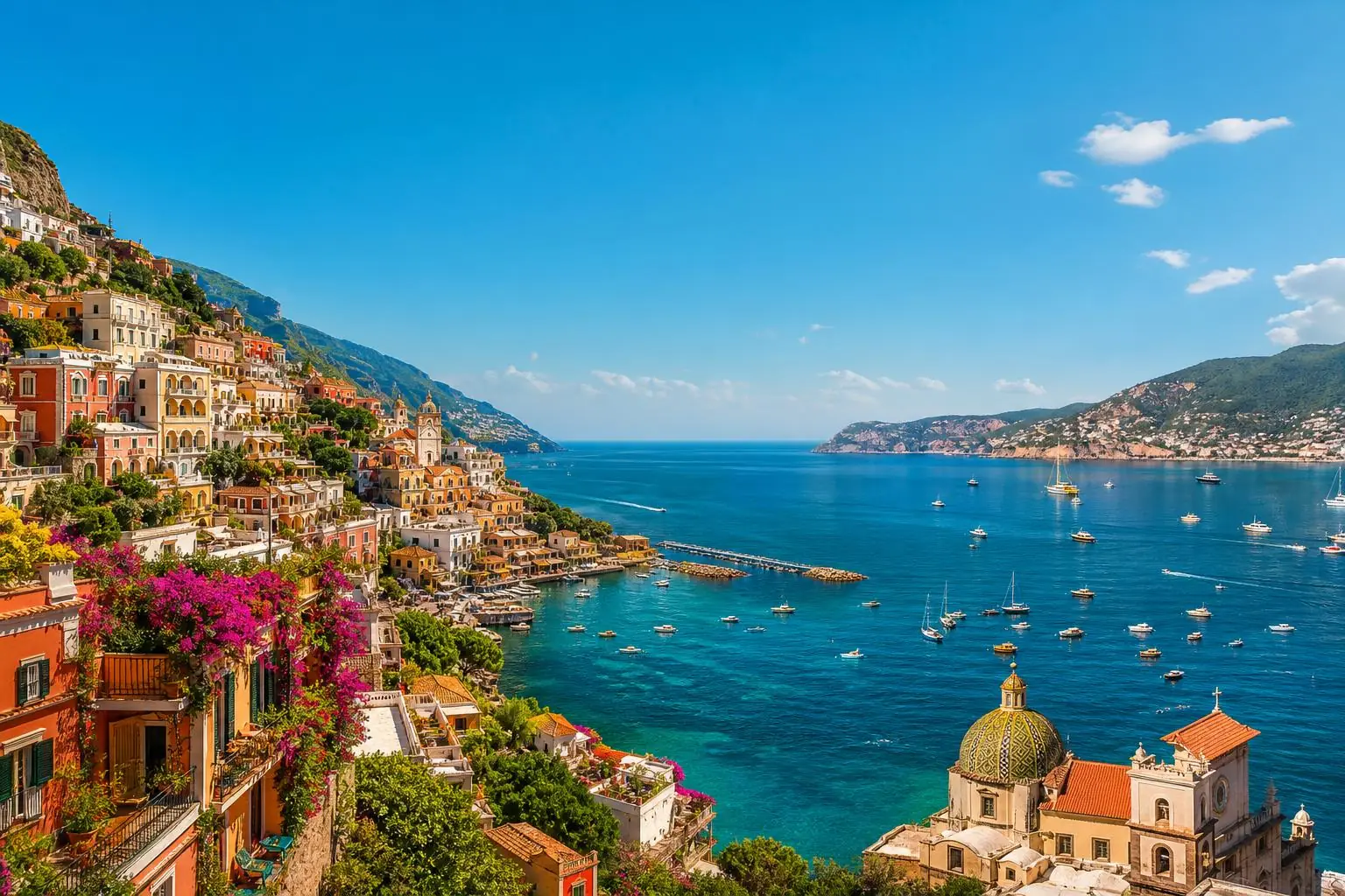Colourful Mediterranean coastal village climbing a hillside above a bright blue bay